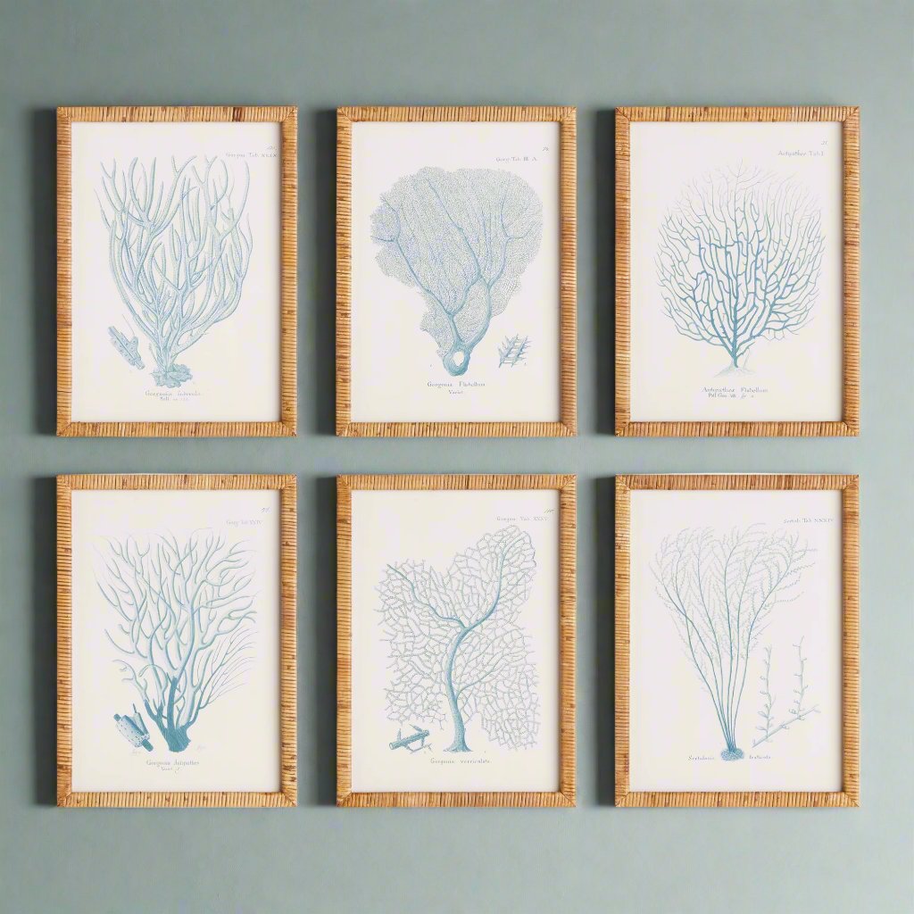 Elevate your home or office decor with this set of six magnificent sea fan and coral prints. The elegant rattan-wrapped frames perfectly complement the soothing indigo tone, making them a quintessential choice for upscale coastal chic style. As a product or industry expert, I highly recommend adding these prints to your collection for a touch of sophistication and refinement.