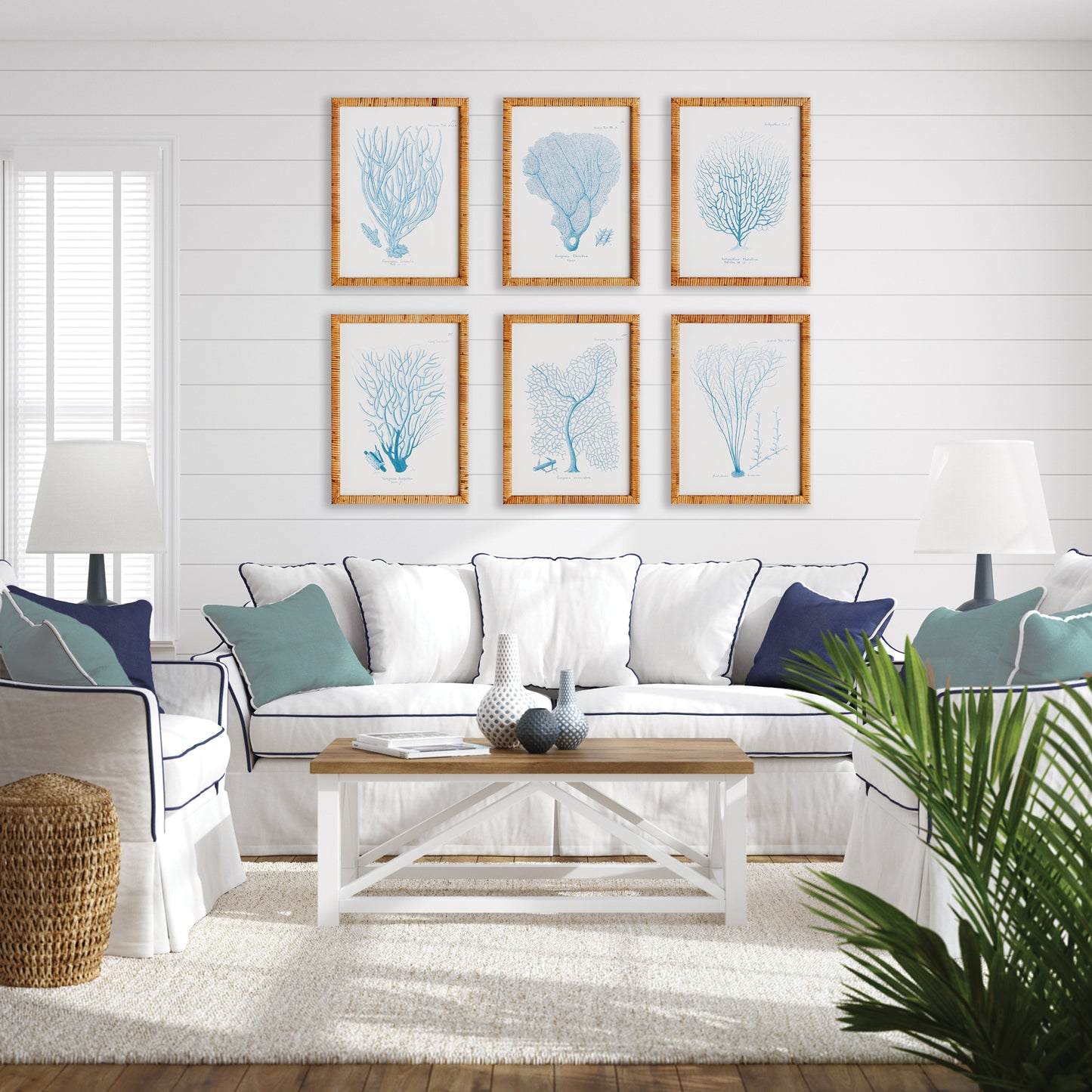 Elevate your home or office decor with this set of six magnificent sea fan and coral prints. The elegant rattan-wrapped frames perfectly complement the soothing indigo tone, making them a quintessential choice for upscale coastal chic style. As a product or industry expert, I highly recommend adding these prints to your collection for a touch of sophistication and refinement.