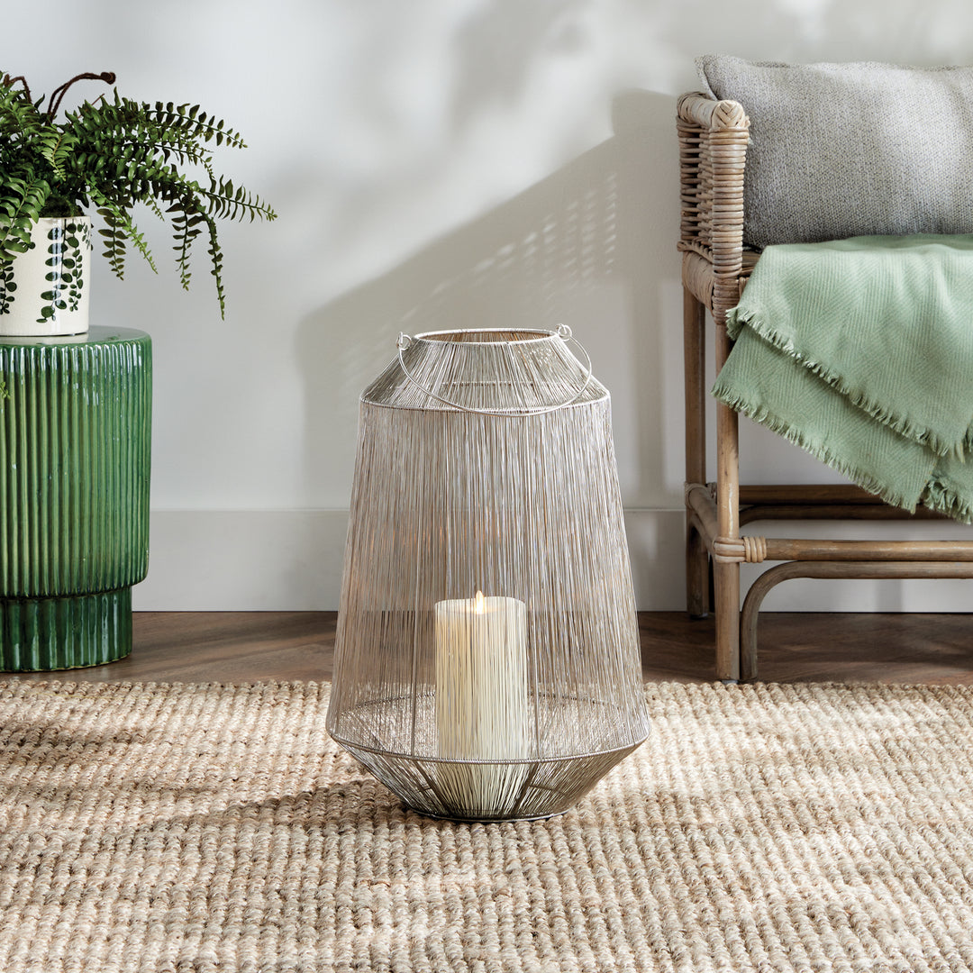 Large Silver Lantern with Handwoven Metallic Strands