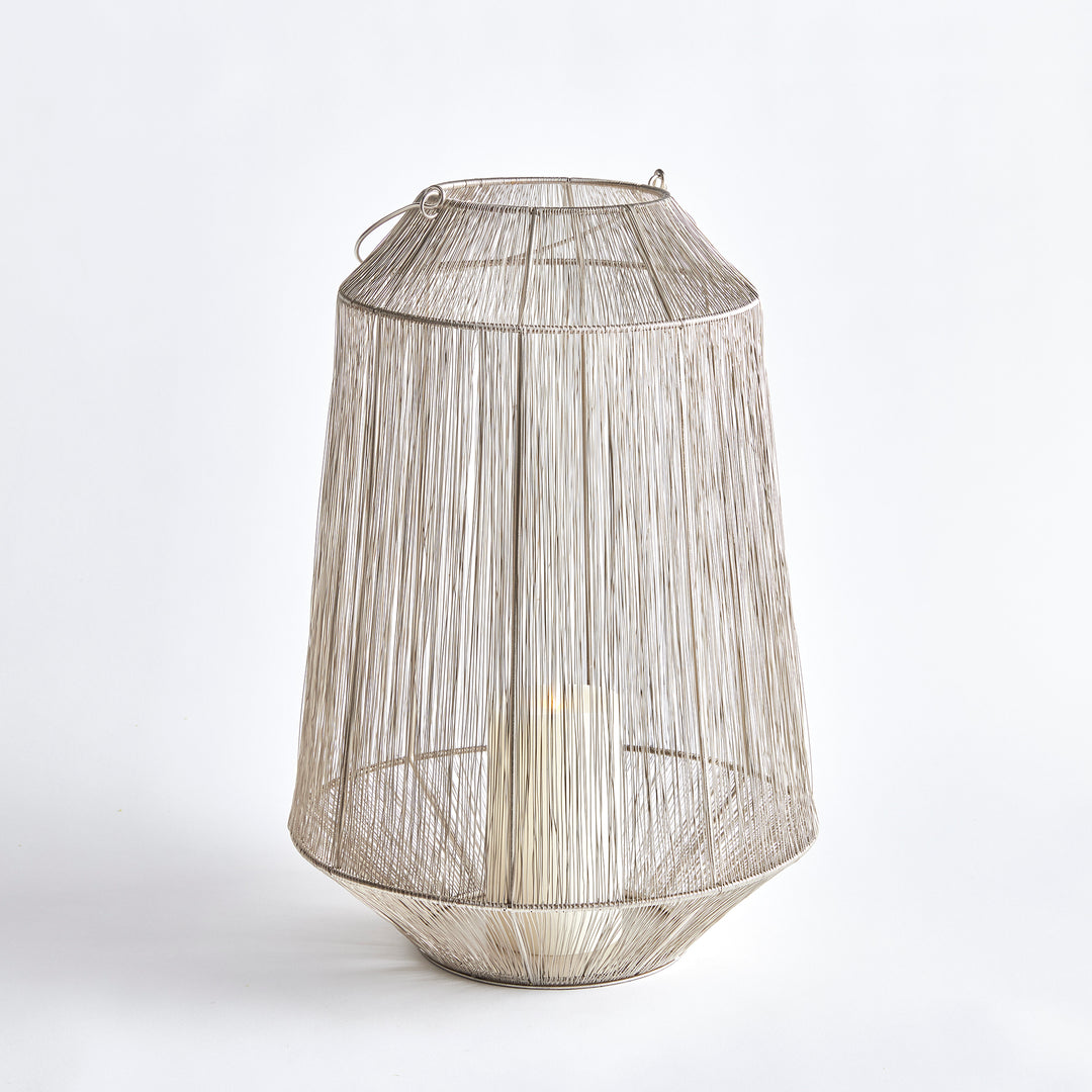 Large Silver Lantern with Handwoven Metallic Strands