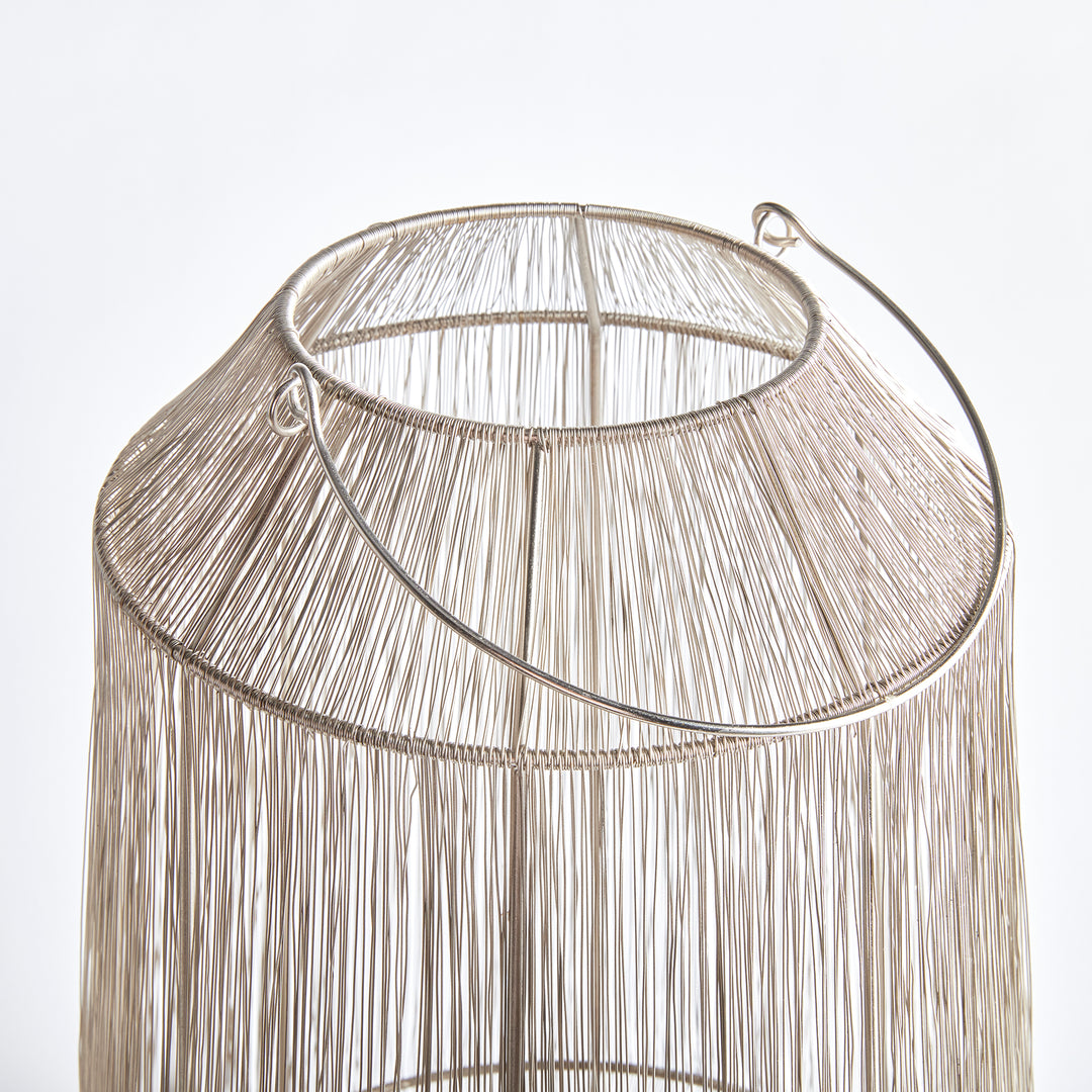 Large Silver Lantern with Handwoven Metallic Strands