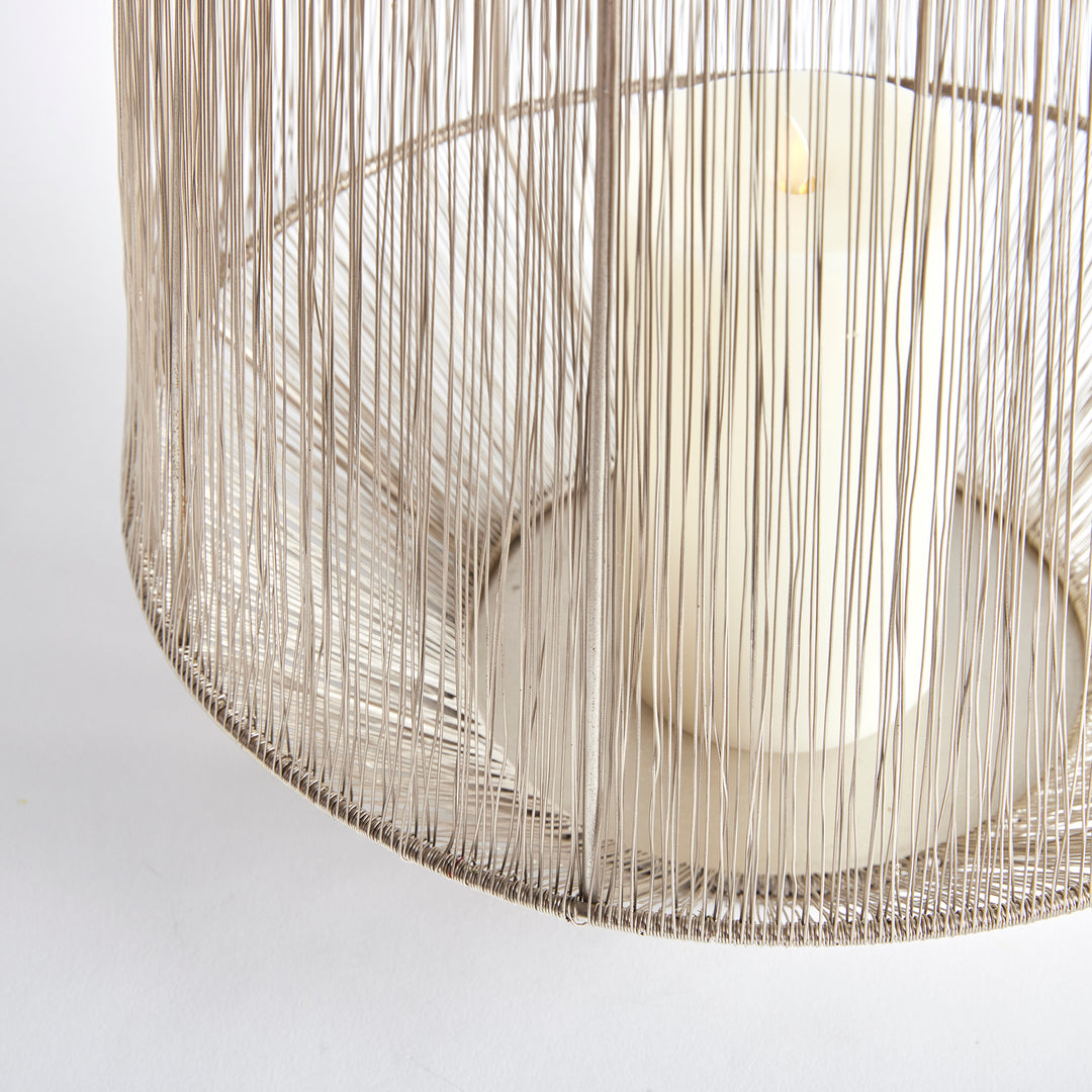 Large Silver Lantern with Handwoven Metallic Strands