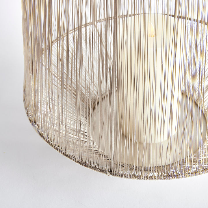 Large Silver Lantern with Handwoven Metallic Strands