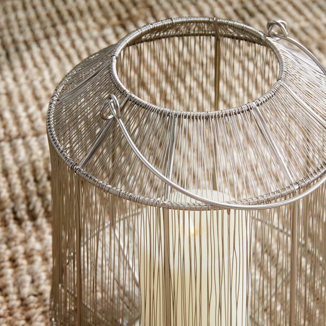 Small Silver Lantern with Handwoven Metallic Strands