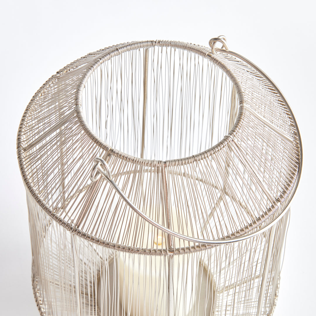 Small Silver Lantern with Handwoven Metallic Strands