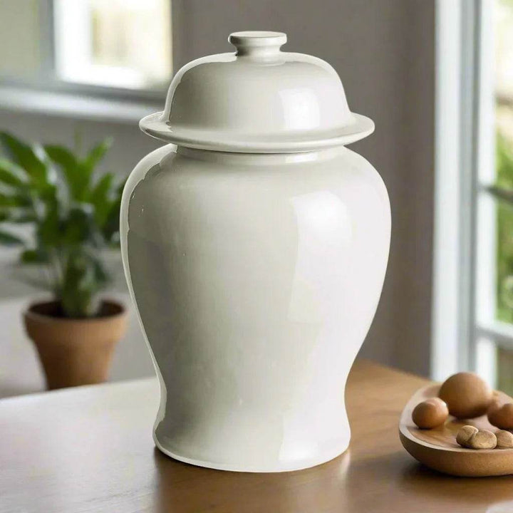 Lili White Ceramic Wide Lidded Ginger Jar, Large