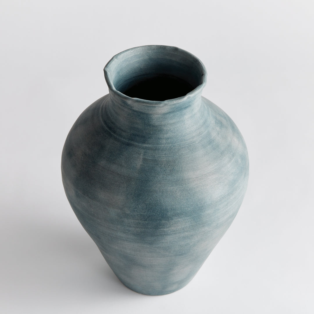 Handcrafted Large Terracotta Vase with Ribbed Gray-Blue Finish