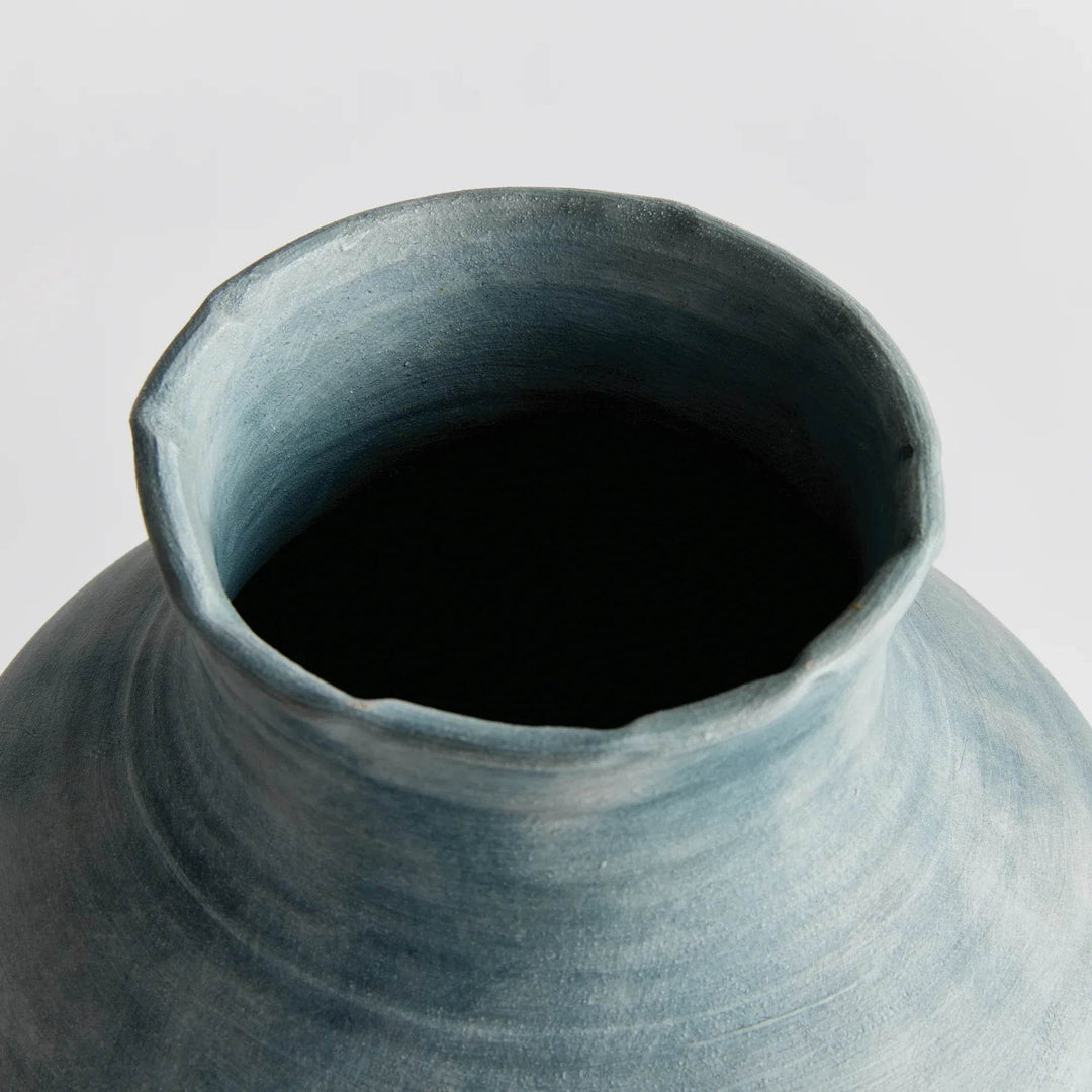 Handcrafted Large Terracotta Vase with Ribbed Gray-Blue Finish