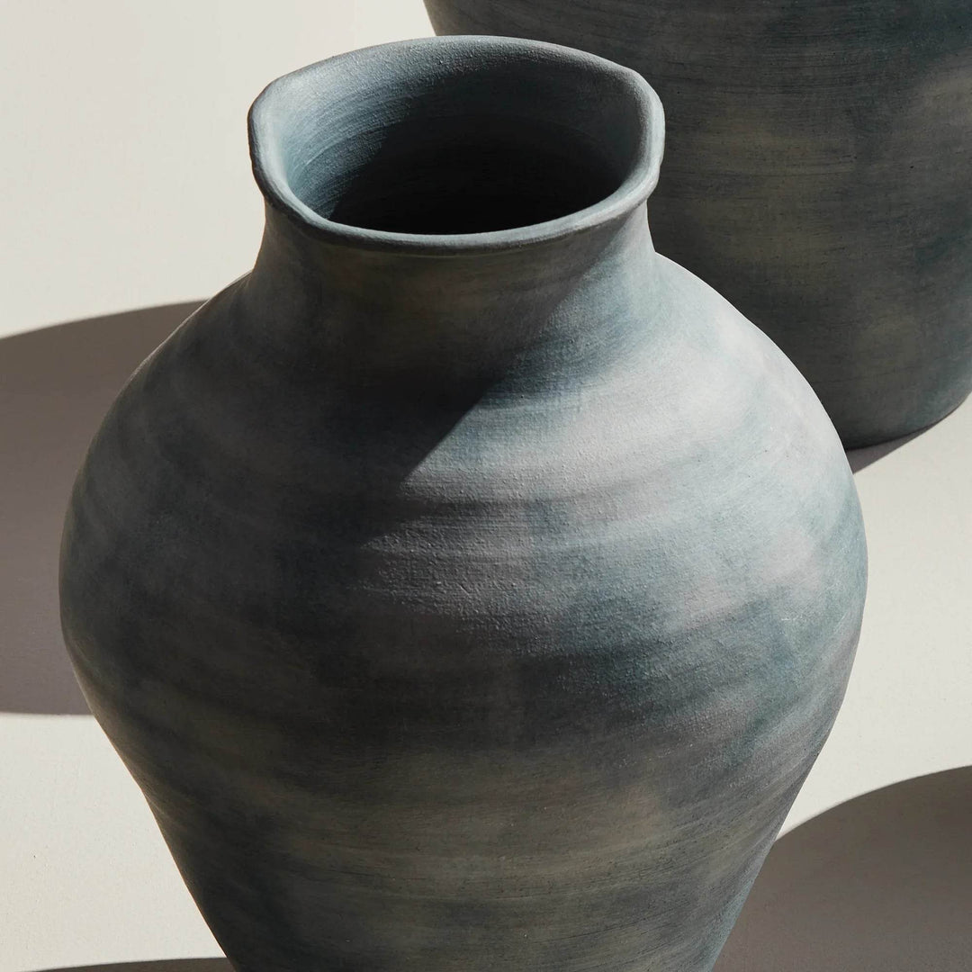 Handcrafted Medium Terracotta Vase with Ribbed Gray-Blue Finish