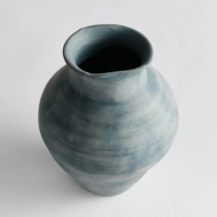 Handcrafted Medium Terracotta Vase with Ribbed Gray-Blue Finish