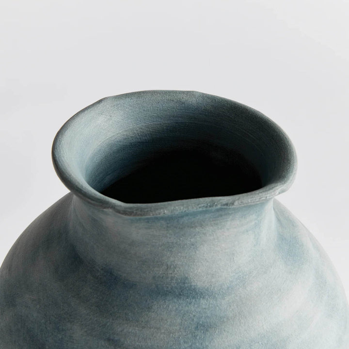 Handcrafted Medium Terracotta Vase with Ribbed Gray-Blue Finish