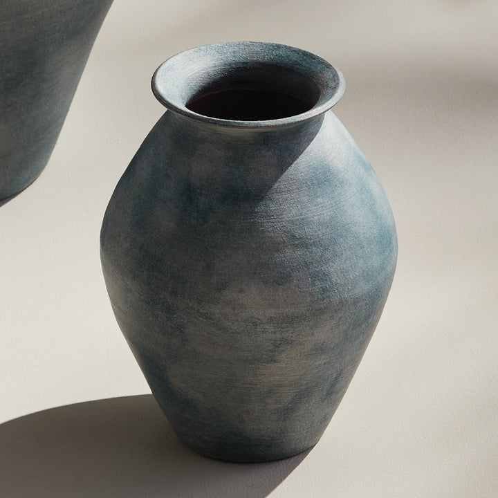 Small Handcrafted Terracotta Vase with Ribbed Gray-Blue Matte Finish