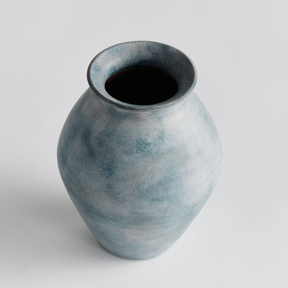 Small Handcrafted Terracotta Vase with Ribbed Gray-Blue Matte Finish