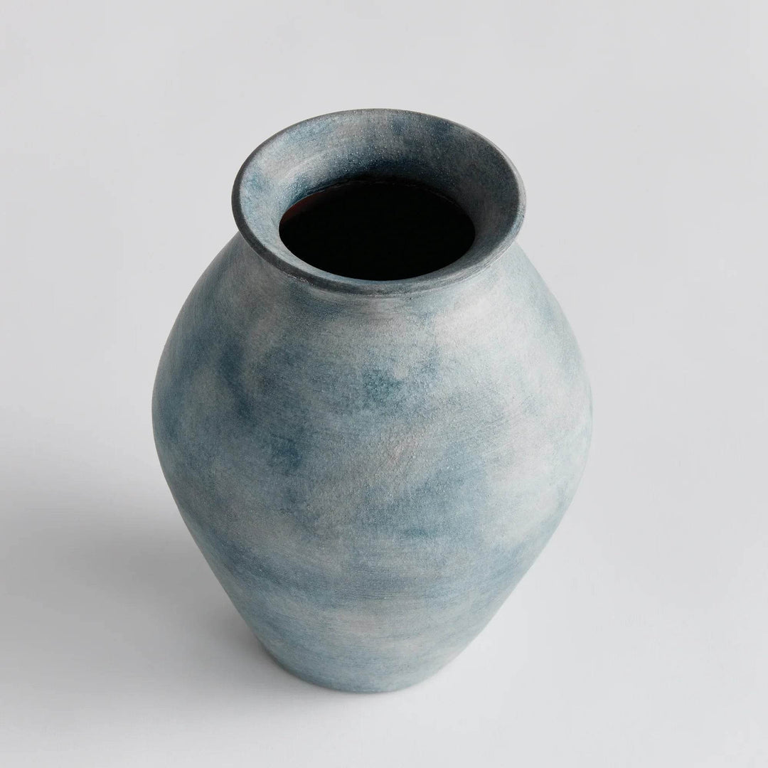 Small Handcrafted Terracotta Vase with Ribbed Gray-Blue Matte Finish