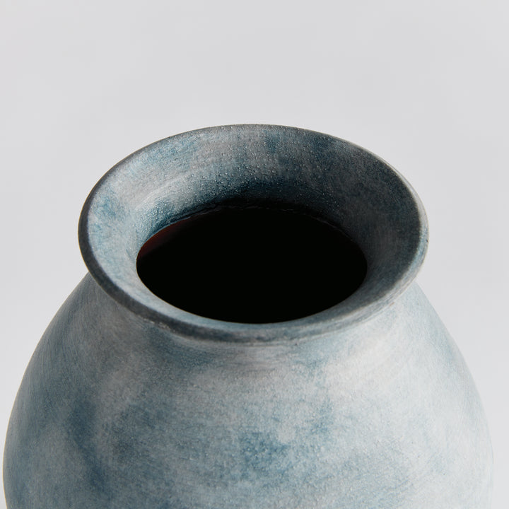 Small Handcrafted Terracotta Vase with Ribbed Gray-Blue Matte Finish