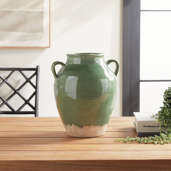 Handcrafted Terracotta Vase with Verdant Crackled Glaze