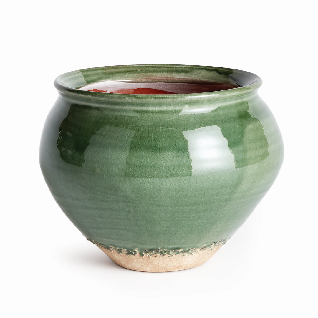 Handcrafted Terracotta Drum Vase with Verdant Crackled Glaze