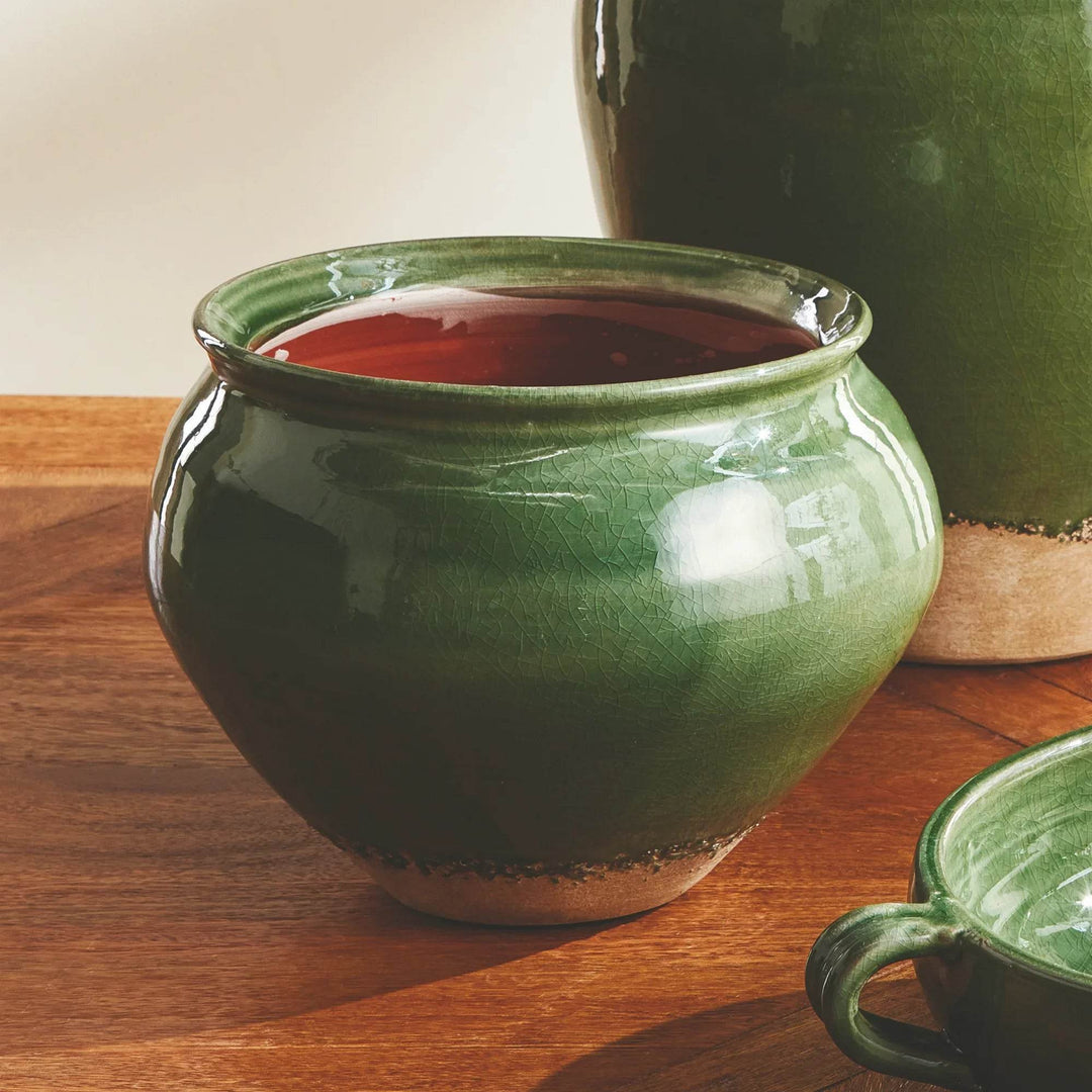 Handcrafted Terracotta Drum Vase with Verdant Crackled Glaze