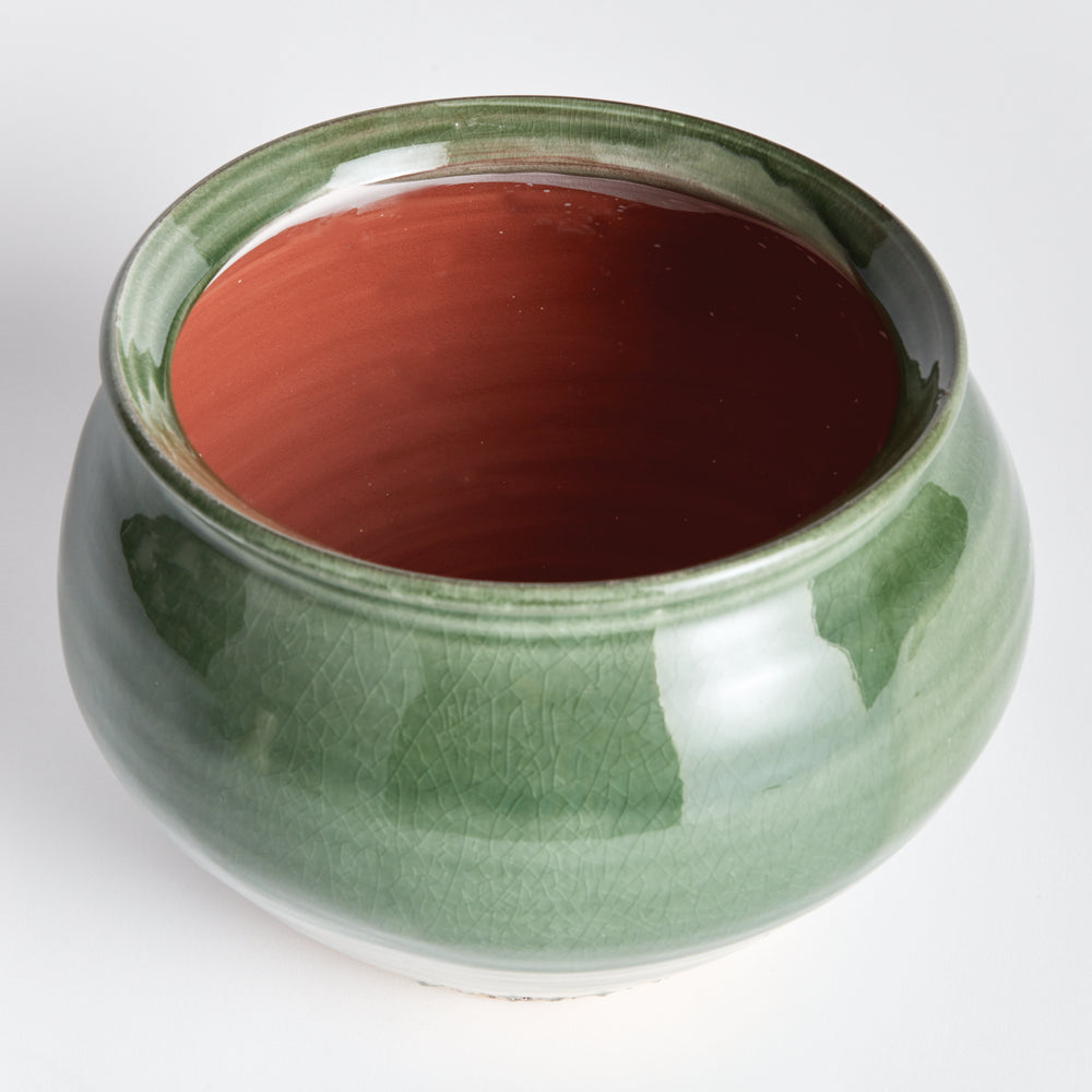 Handcrafted Terracotta Drum Vase with Verdant Crackled Glaze