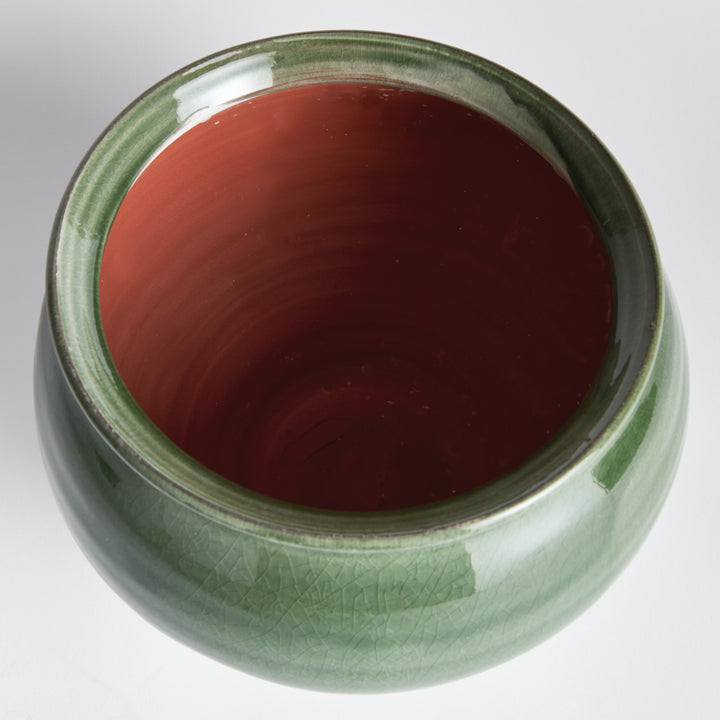 Handcrafted Terracotta Drum Vase with Verdant Crackled Glaze