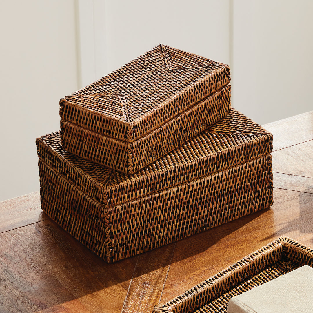 Brown Rattan Lidded Storage Boxes, Set of 2 Stacked