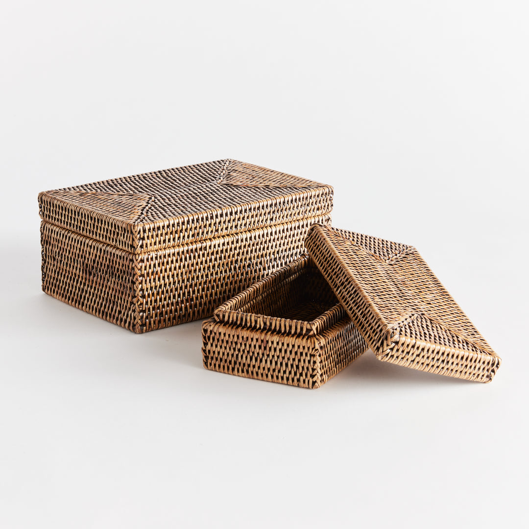 Brown Rattan Lidded Storage Boxes,  Lid Open Set of 2