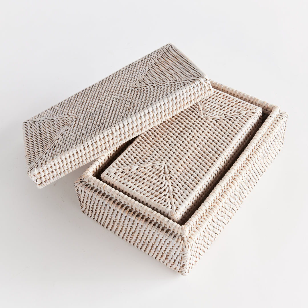 Burma Rattan Lidded Letter Box Set with Whitewash Finish