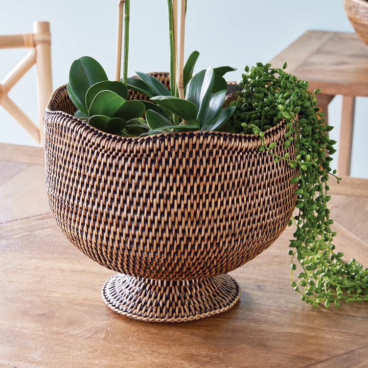 Burma Brown Rattan Footed Cache Planter Pot