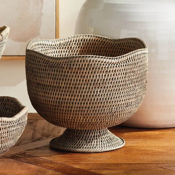 Handwoven Graywash Burma Rattan Footed Cachepot