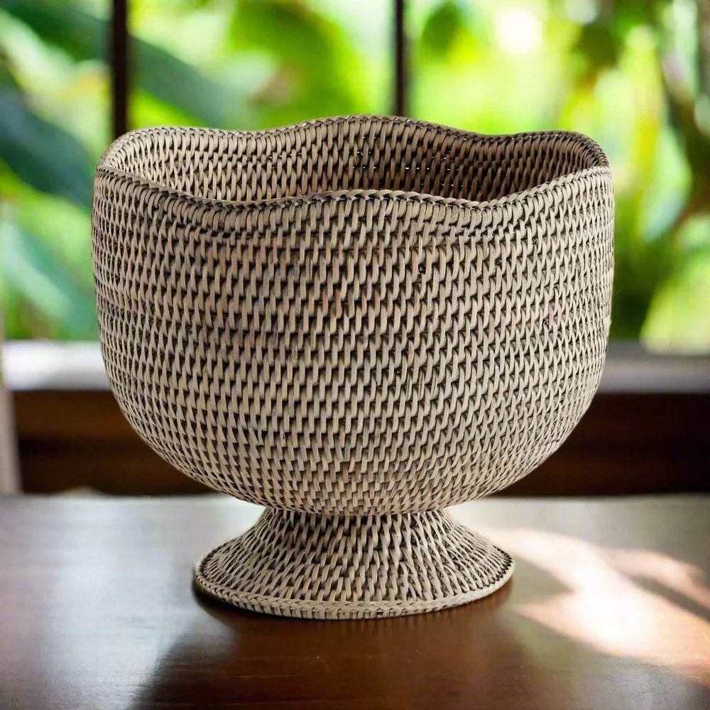 Handwoven Graywash Burma Rattan Footed Cachepot