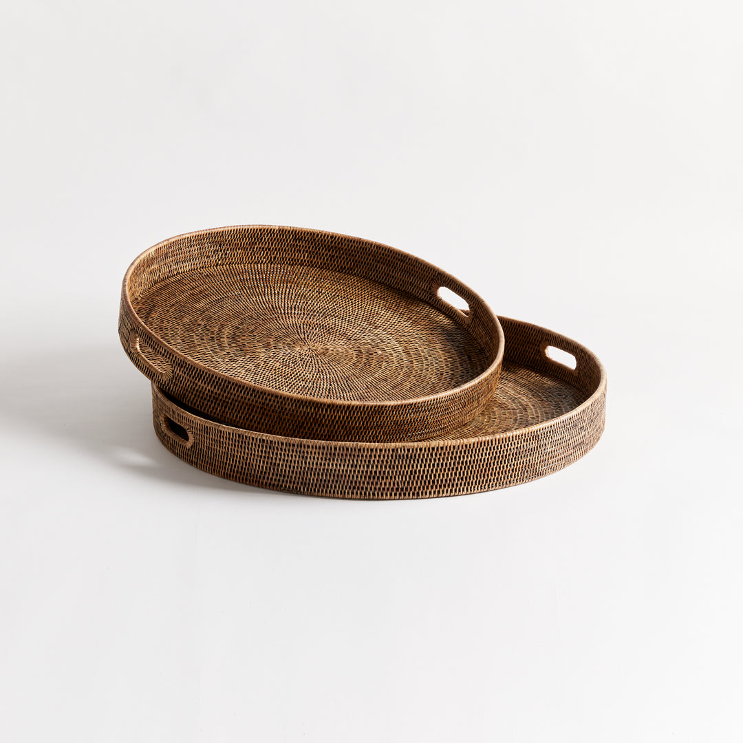 Brown Rattan Round Ottoman Trays Large, Set Of 2