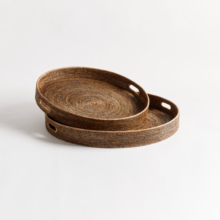 Brown Rattan Round Ottoman Trays Large, Set Of 2