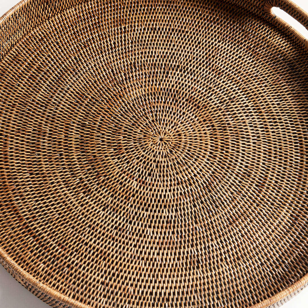 Brown Rattan Round Ottoman Trays Large, Set Of 2