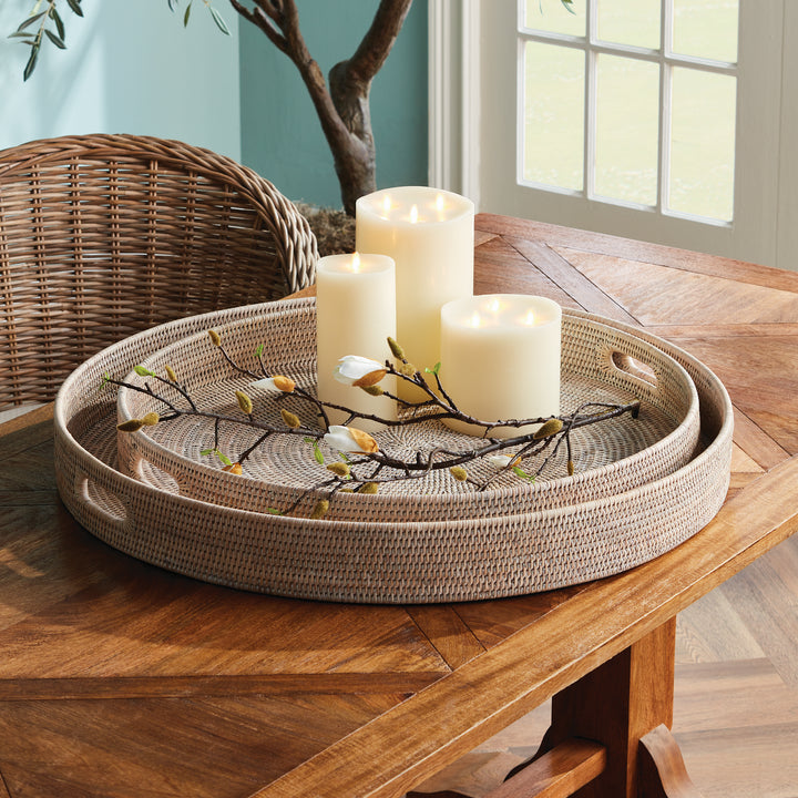 Whitewash Rattan Round Ottoman Trays Large, Set Of 2