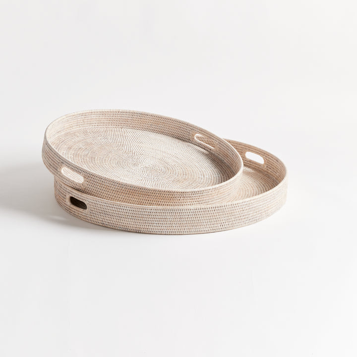 Whitewash Rattan Round Ottoman Trays Large, Set Of 2