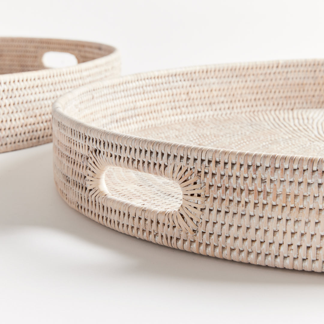 Whitewash Rattan Round Ottoman Trays Large, Set Of 2