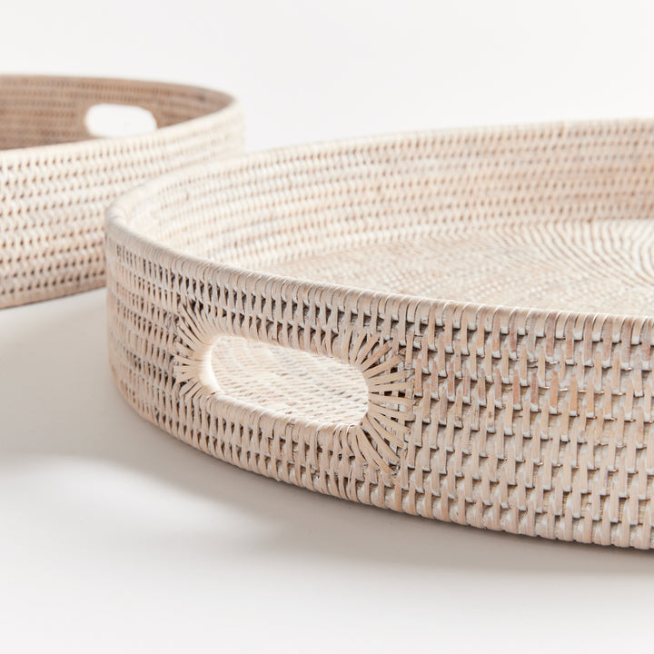 Whitewash Rattan Round Ottoman Trays Large, Set Of 2