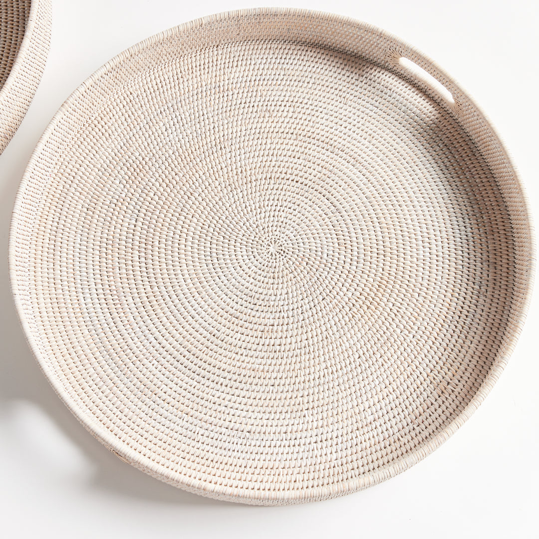 Whitewash Rattan Round Ottoman Trays Large, Set Of 2