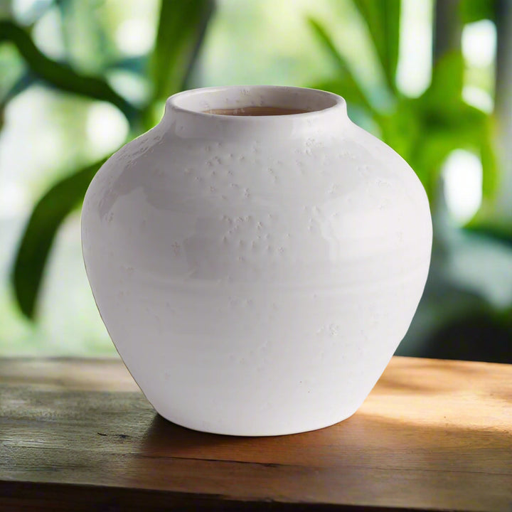 Wide Handcrafted White Terracotta Decorative Vase