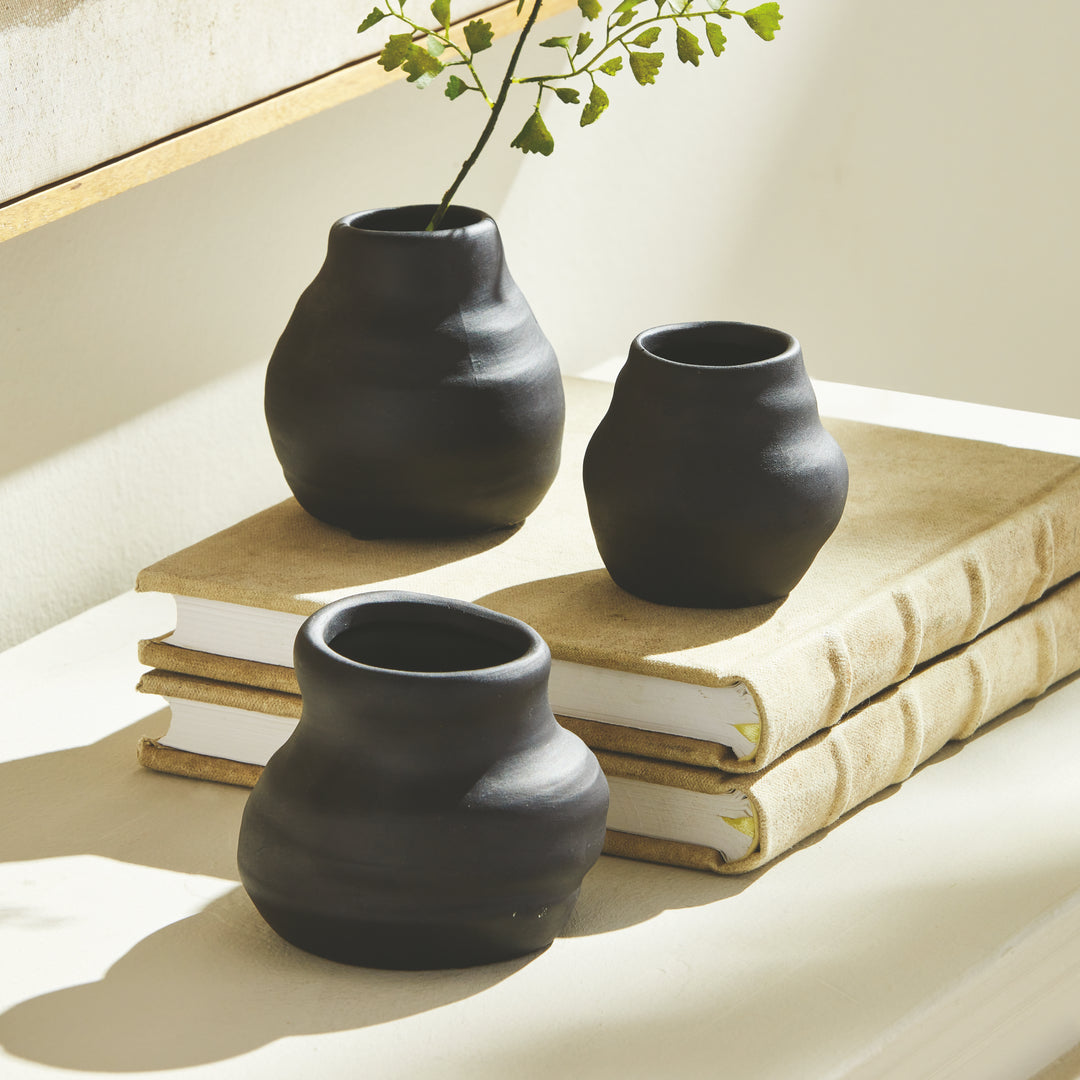 Handcrafted Matte Black Terracotta Bud Vase Set