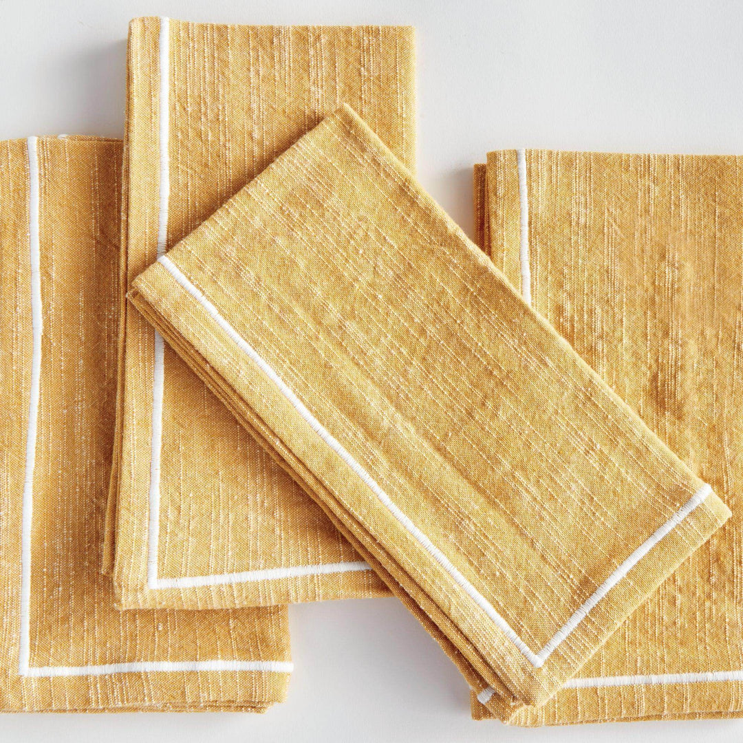 Set of 4 Ochre Cotton Napkins with Border Detail