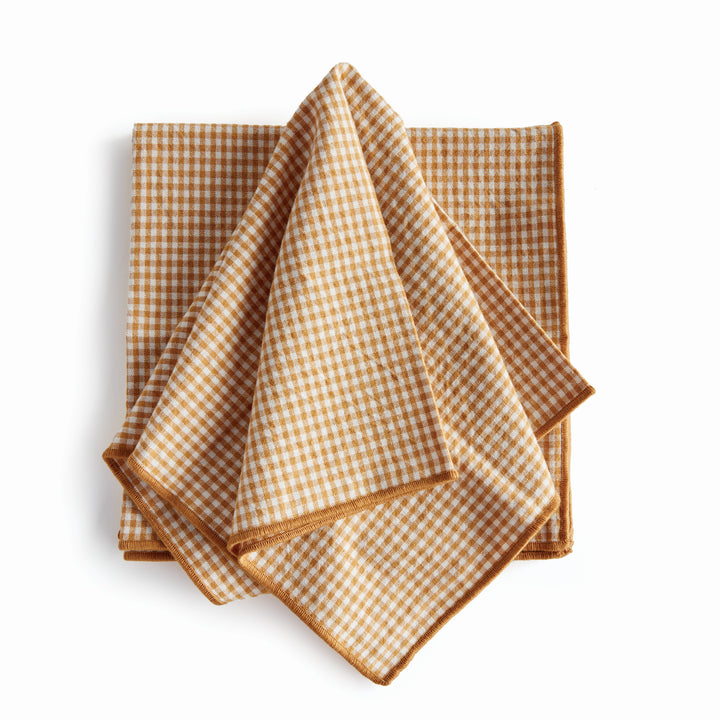 Set of 4 Ochre Cotton Checkered Dinner Napkins