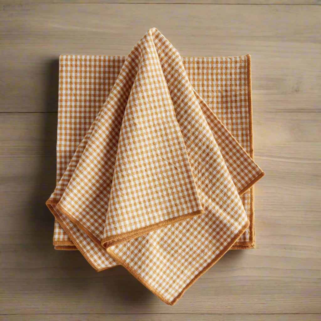 Set of 4 Ochre Cotton Checkered Dinner Napkins