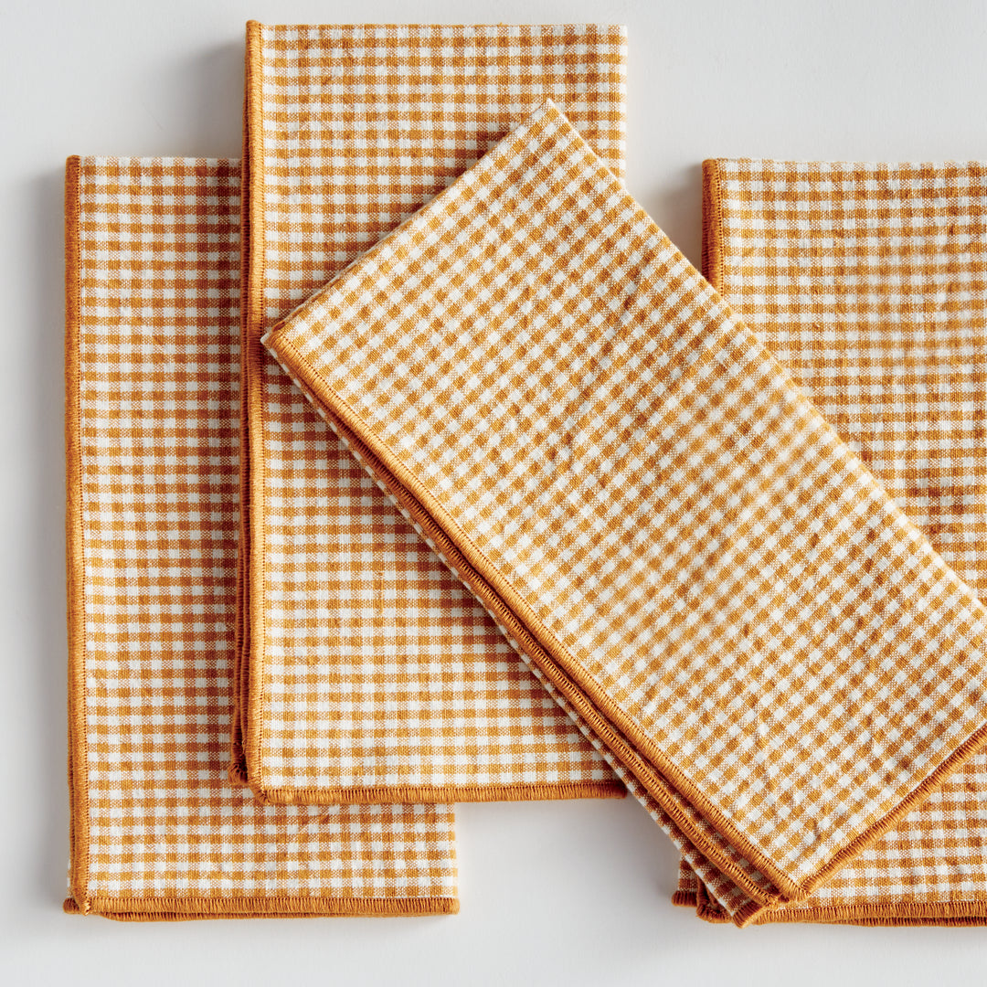 Set of 4 Ochre Cotton Checkered Dinner Napkins