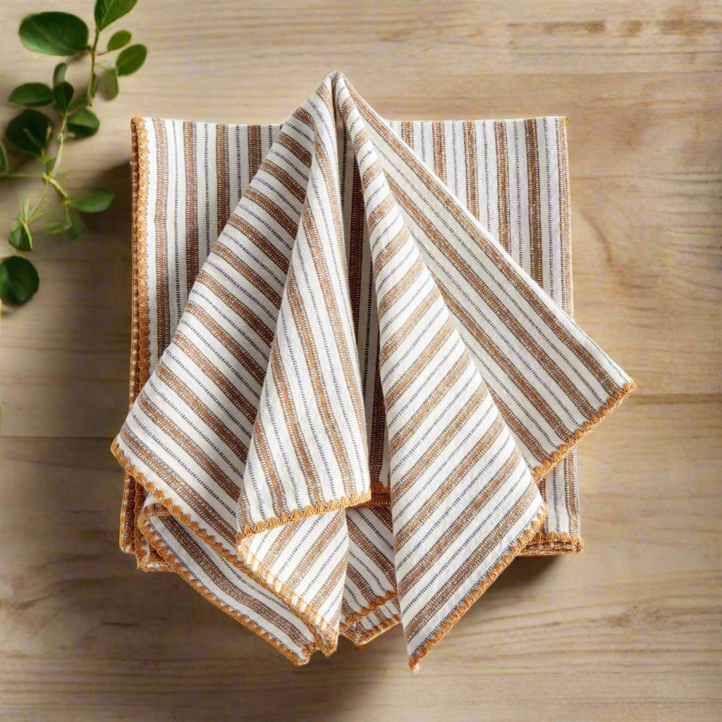 Set of 4 Striped Ochre Cotton Dinner Napkins