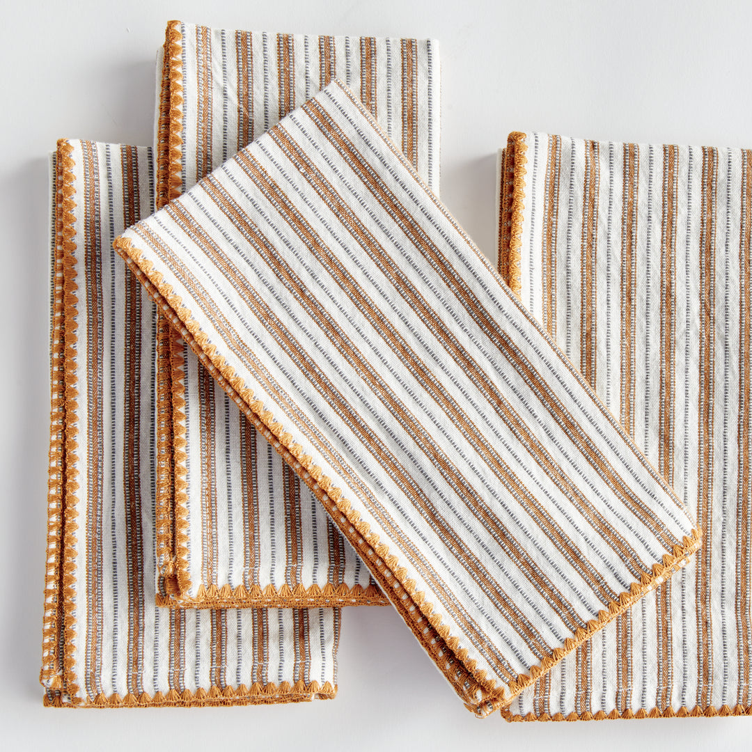 Set of 4 Striped Ochre Cotton Dinner Napkins