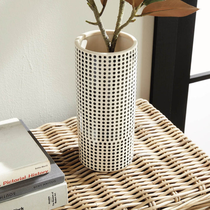 Modern Black and White Ceramic Vase With Faux Flora