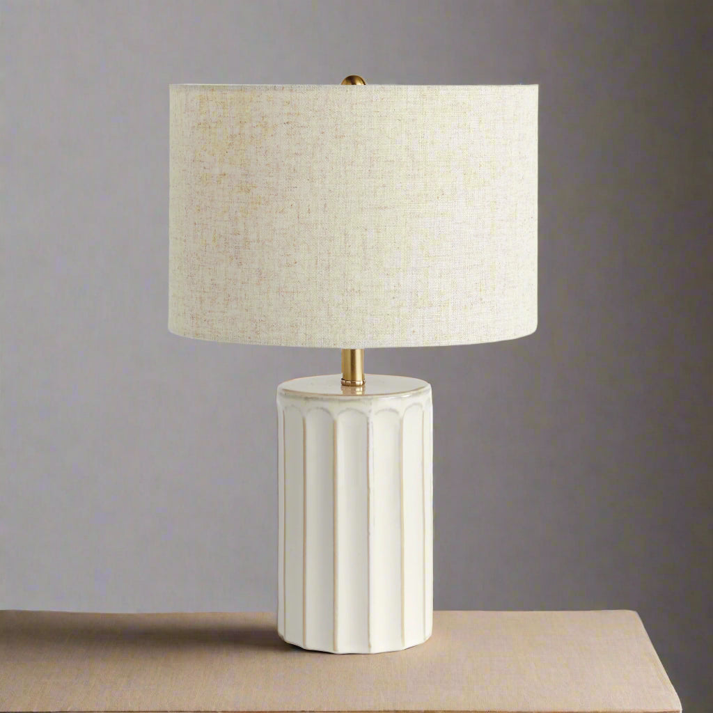 Ceramic Ribbed Table Lamp with Linen Drum Shade