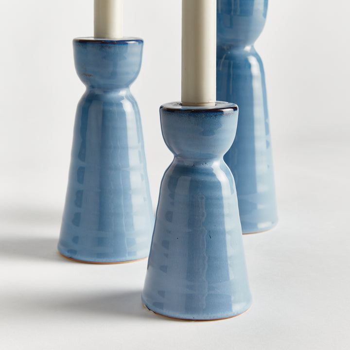 Blue Reactive Glaze Stoneware Candle Holders Set of 3
