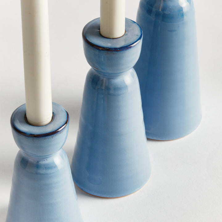 Blue Reactive Glaze Stoneware Candle Holders Set of 3